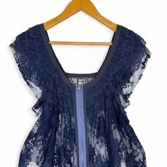 Free People Women's Lace Zip Top Size M Navy Blue Dual Zipper Front Ruffle - Picture 5 of 8